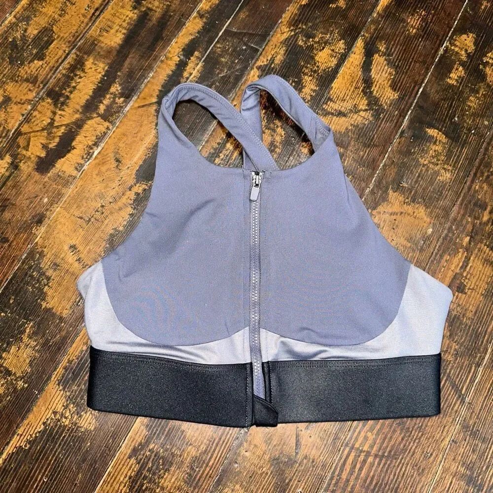 Fabletics XS blue gray front zip high impact Athleisure bra